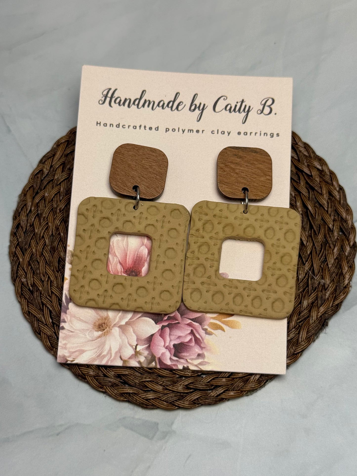 Tan Squared Rattan Textured Earrings With Wooden Tops