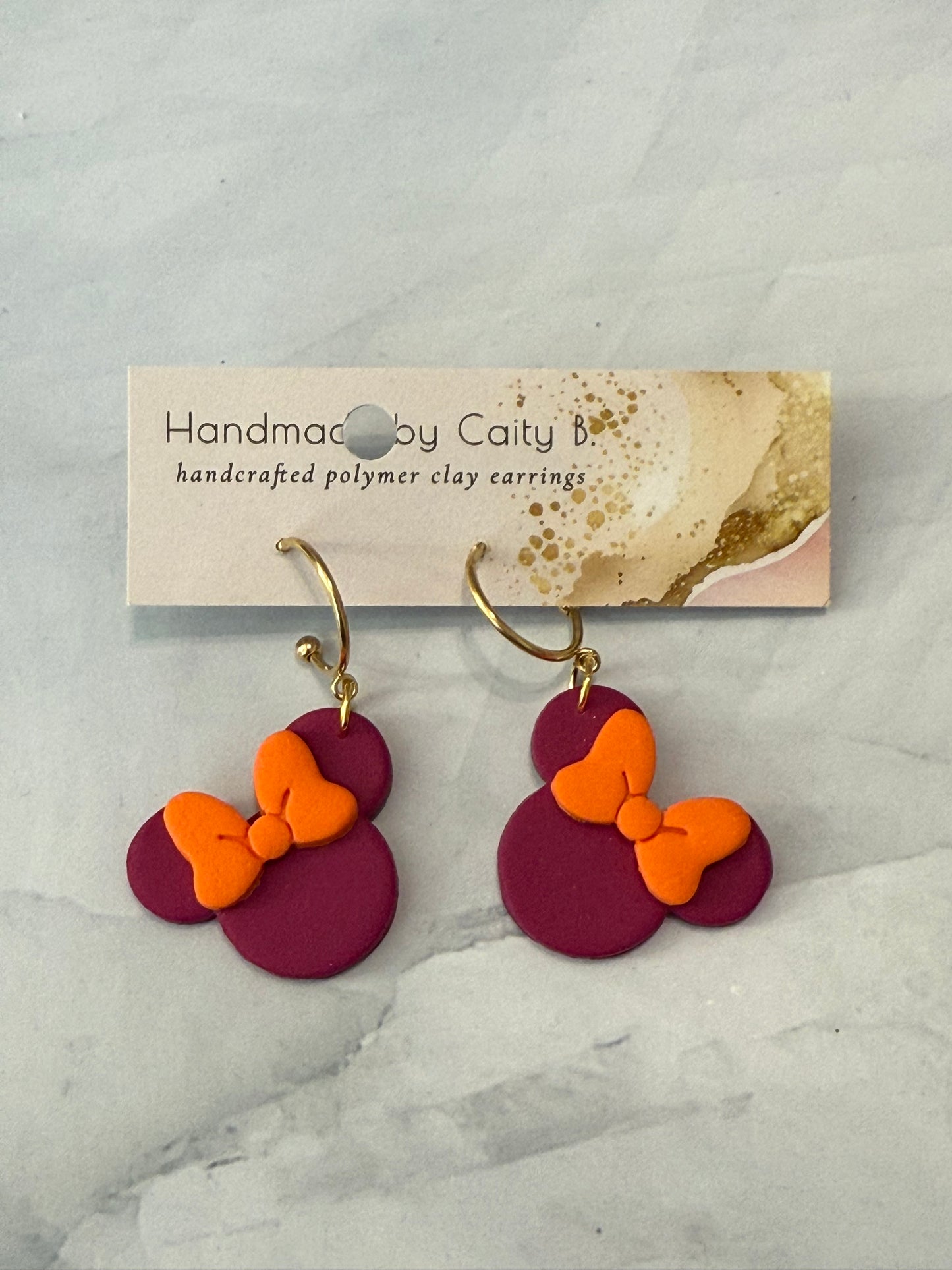 mouse inspired hoop dangles- purple with orange bow