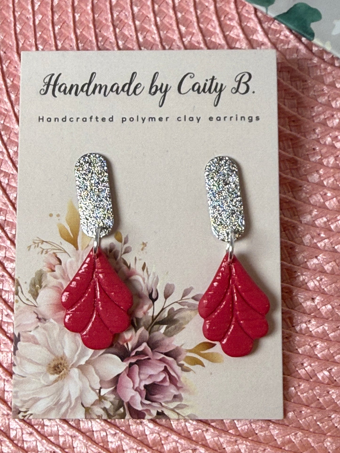 pink leaf drop earrings with silver sparkle tops