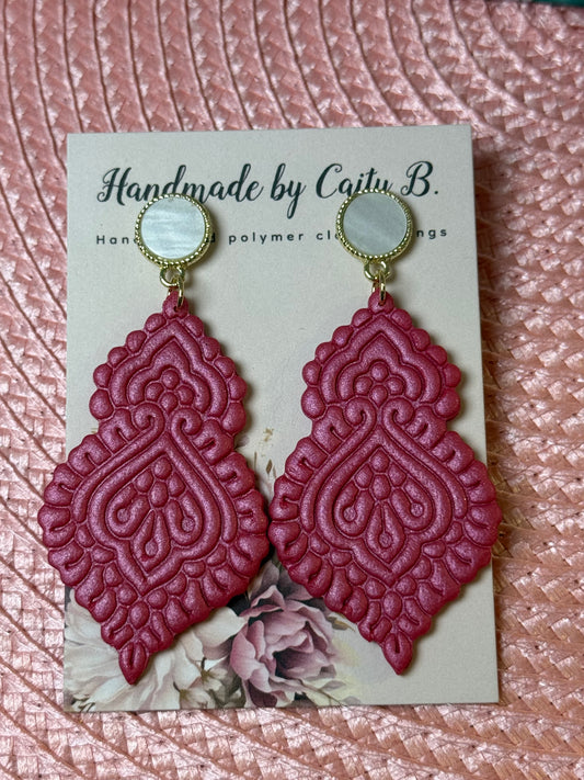 pink shimmer scalloped textured earrings with pearl circle tops