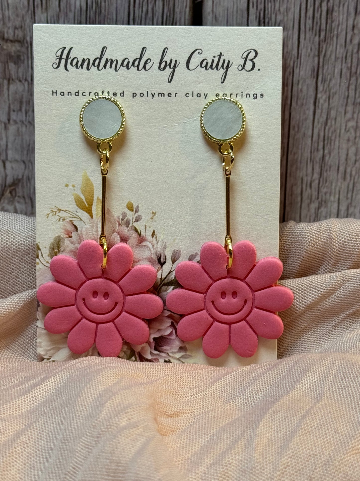 pink floral smiley face drop dangles with circle tops
