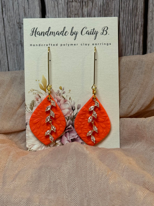 embossed floral drop dangles with rhinestone charm