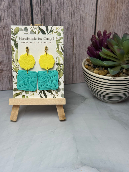 Stacked yellow scallop and teal flower earrings