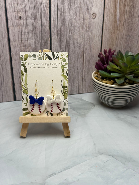 Baseball Earrings- Blue and White Bows