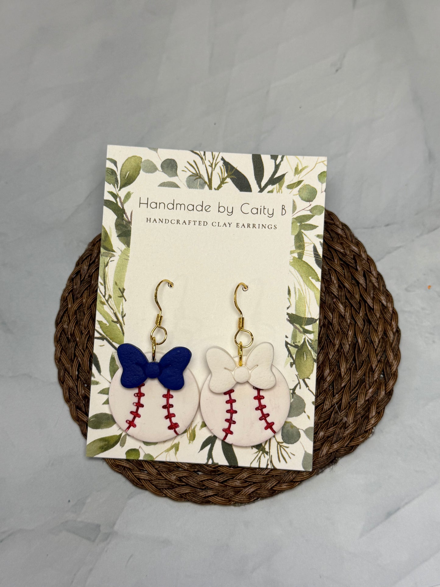 Baseball Earrings- Blue and White Bows