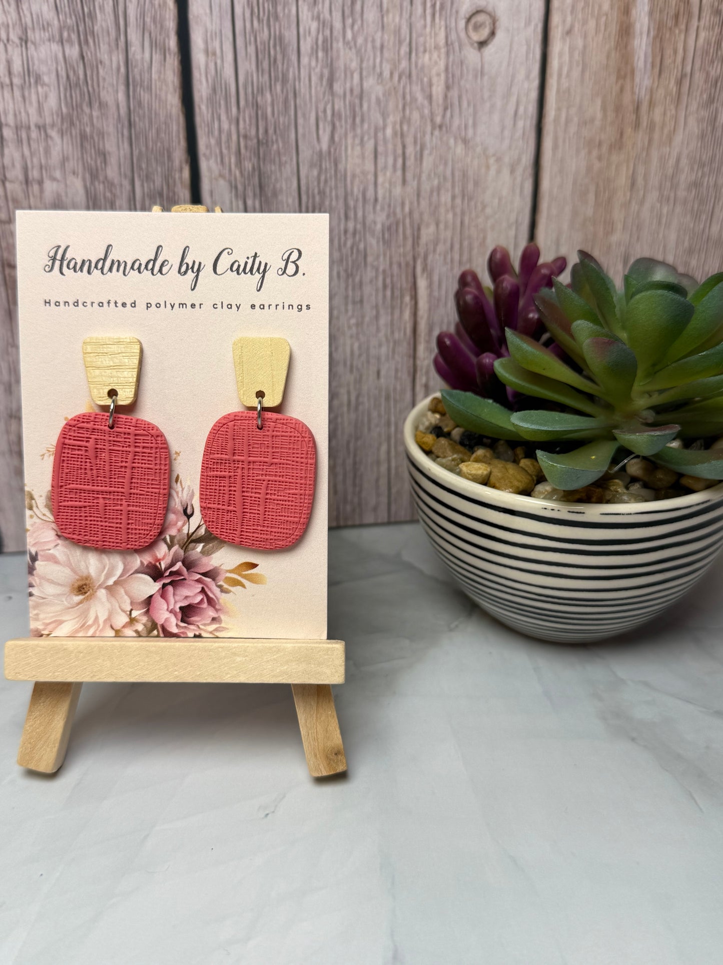 Pink Textured Earrings With Wood Tops