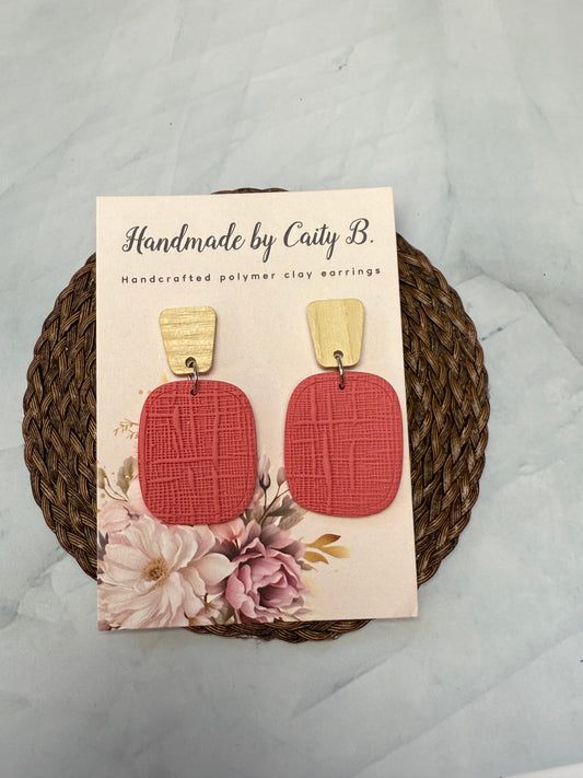 Pink Textured Earrings With Wood Tops