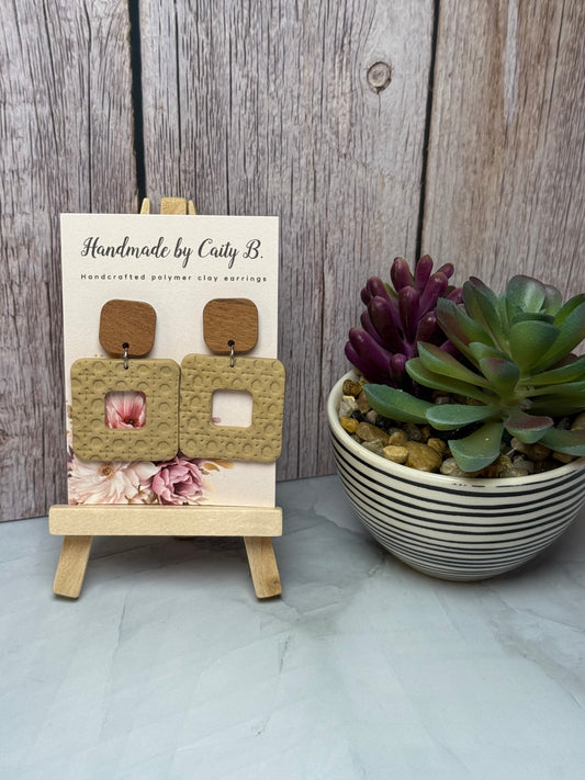 Tan Squared Rattan Textured Earrings With Wooden Tops
