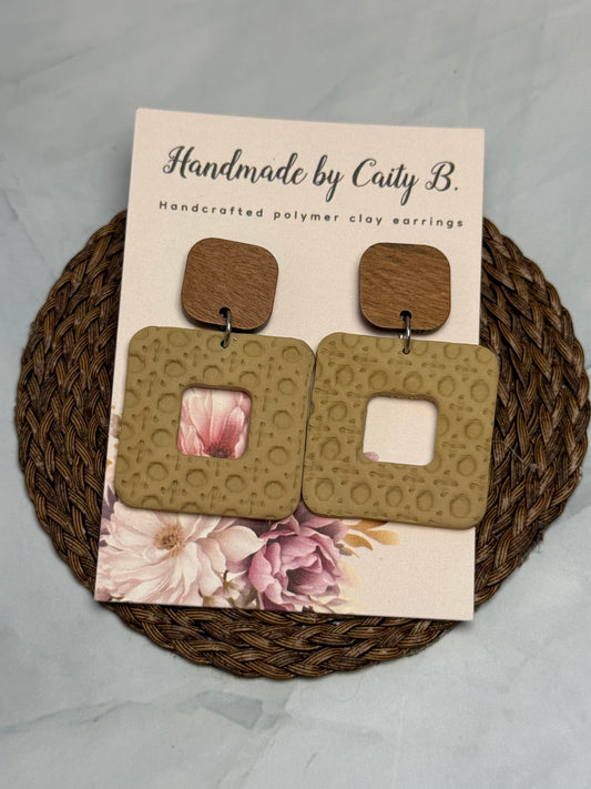 Tan Squared Rattan Textured Earrings With Wooden Tops