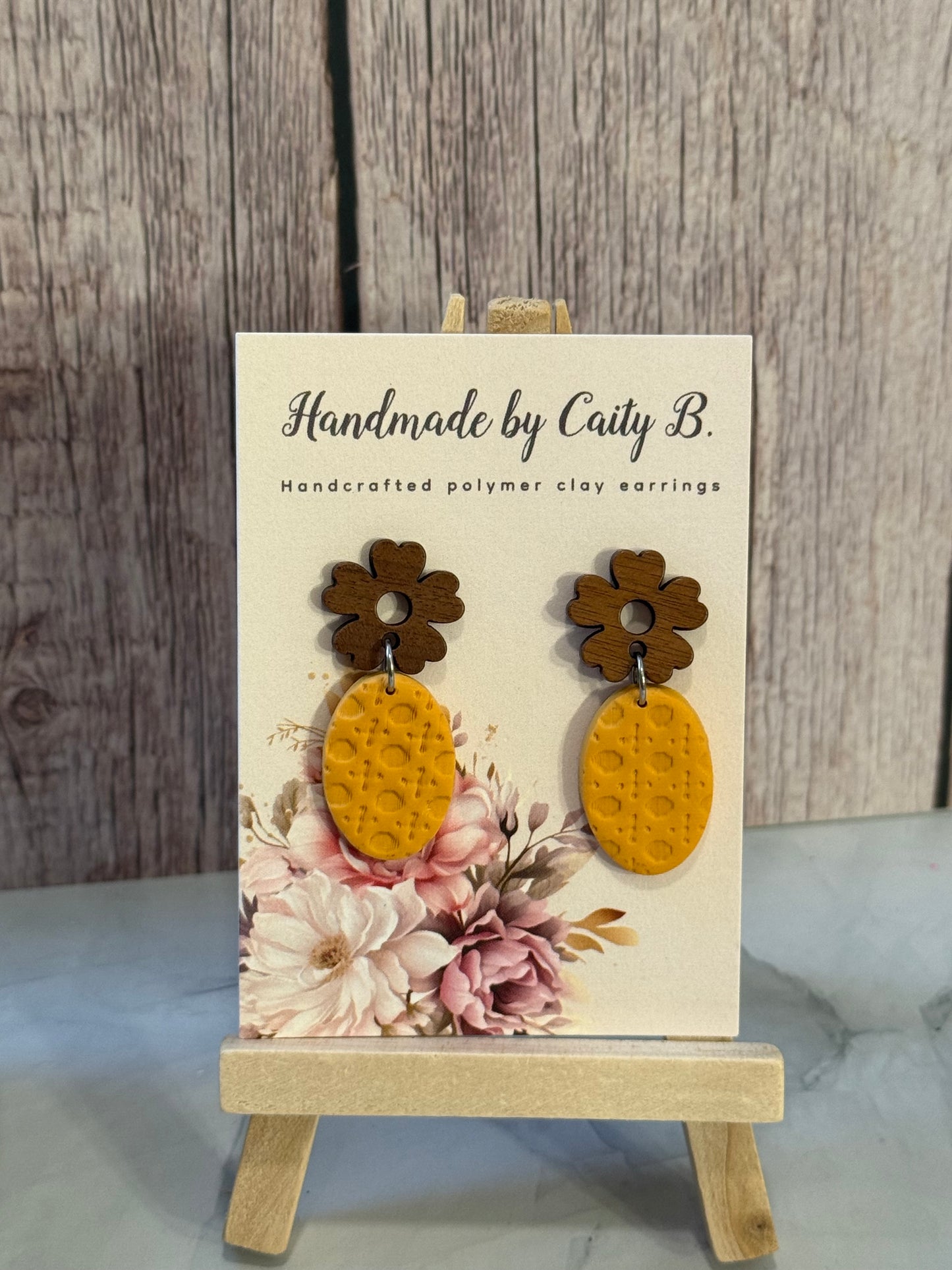 Oval Rattan Pattern Dangles with Wooden Flower Top