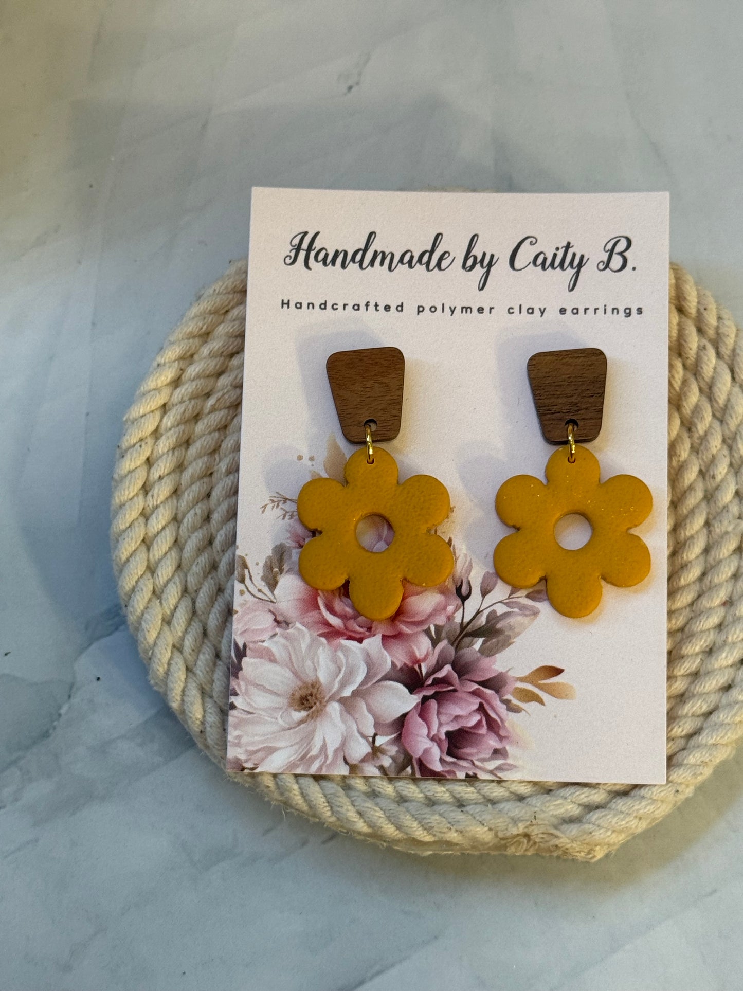 Floral Dangles with Wooden Tops