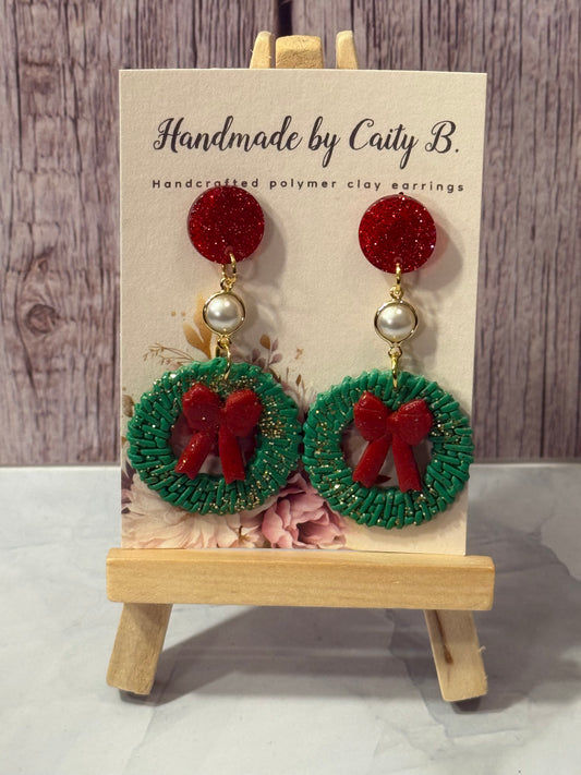 Pearl Christmas Wreath Dangles