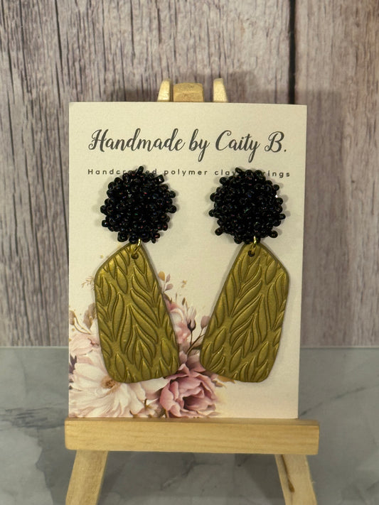 Gold Textured Earrings with Black Beaded Tops