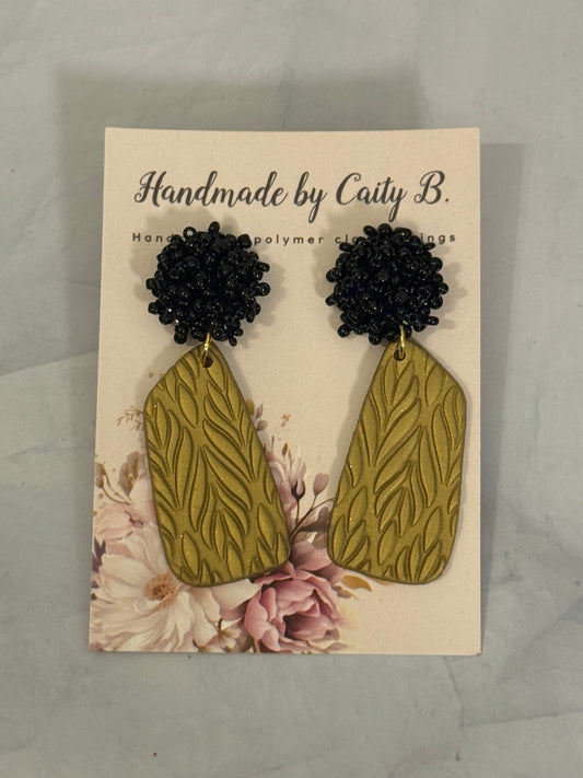 Gold Textured Earrings with Black Beaded Tops