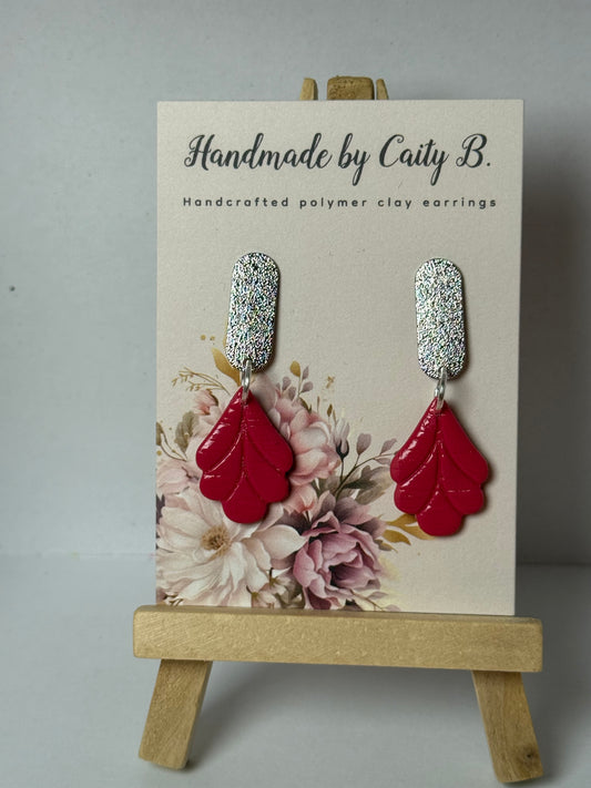 pink leaf drop earrings with silver sparkle tops