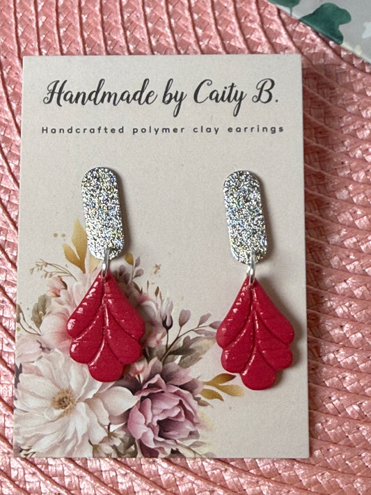 pink leaf drop earrings with silver sparkle tops