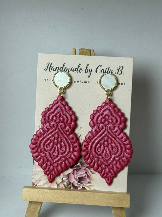 pink shimmer scalloped textured earrings with pearl circle tops