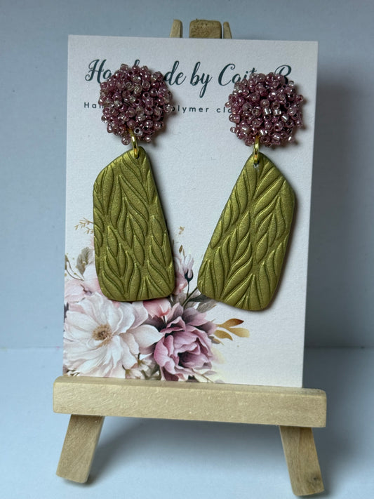 gold drop earrings with pink beaded tops