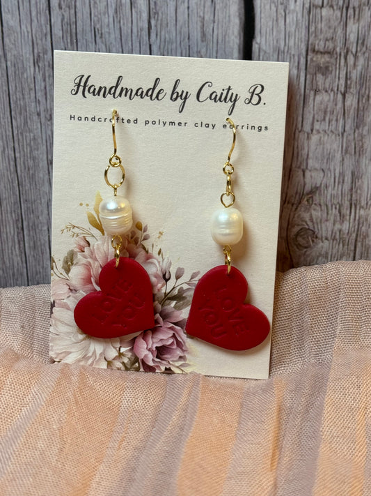 Love You heart dangles with pearl charms