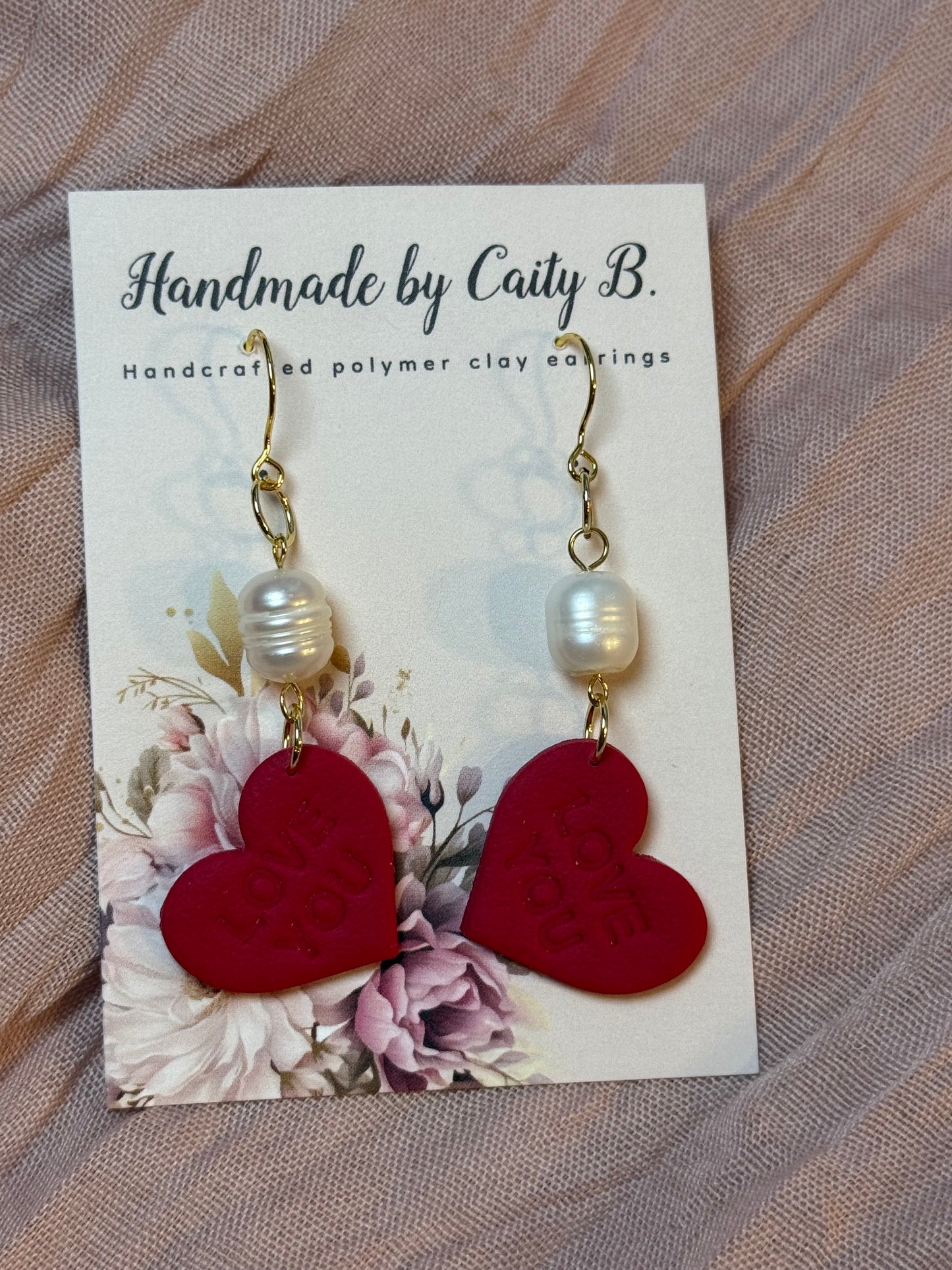 Love You heart dangles with pearl charms