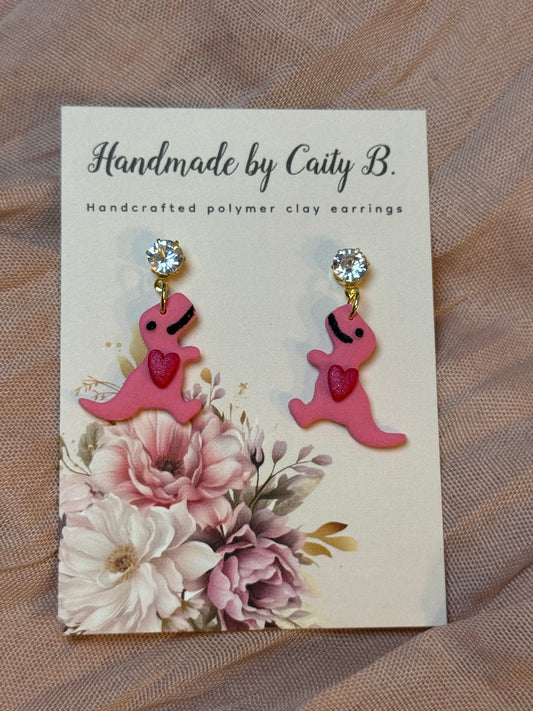 pink heart T Rex dangles