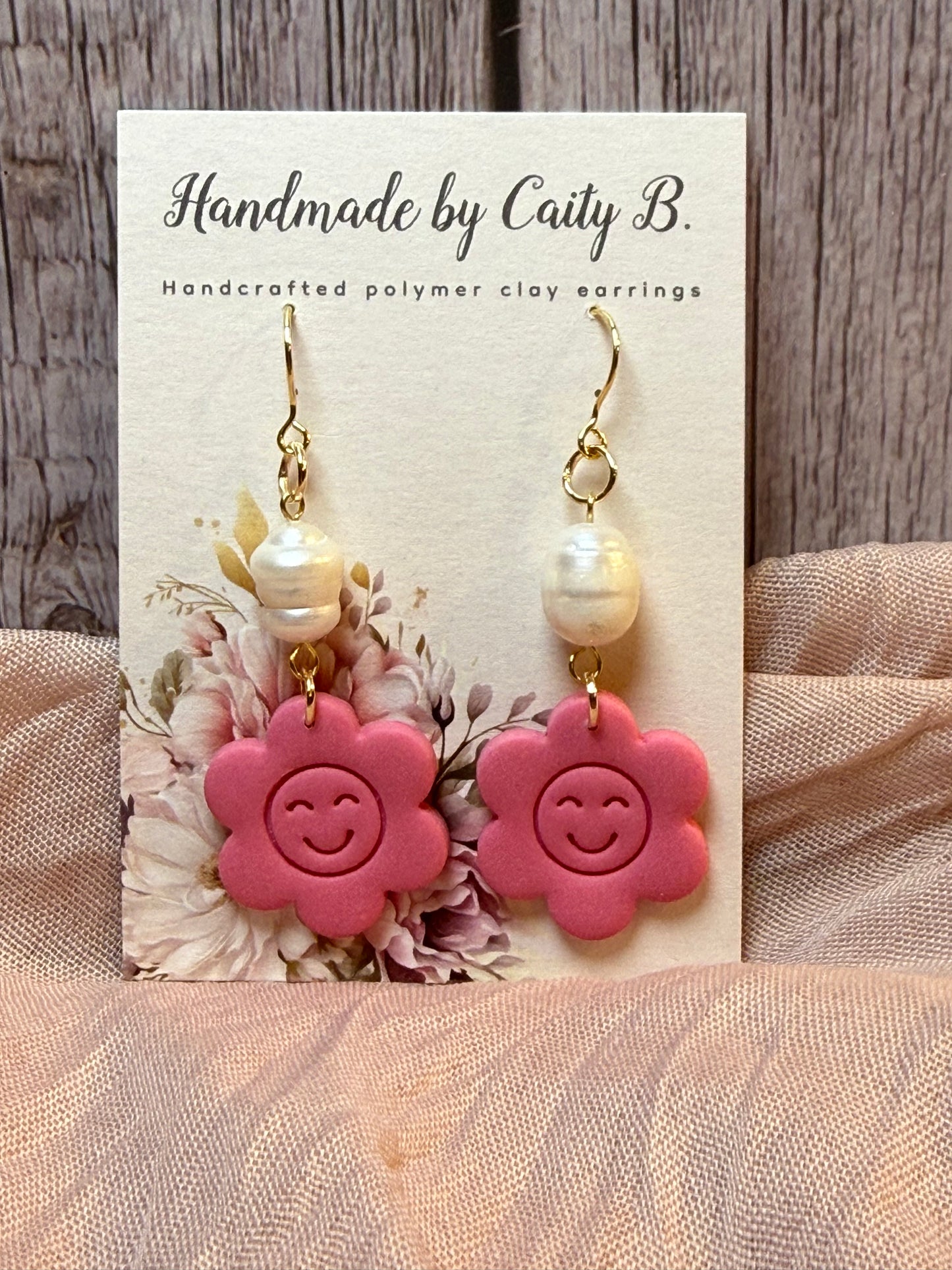 pink flower smiley face dangles with pearl charm