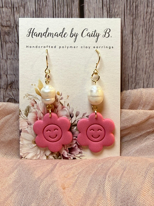 pink flower smiley face dangles with pearl charm