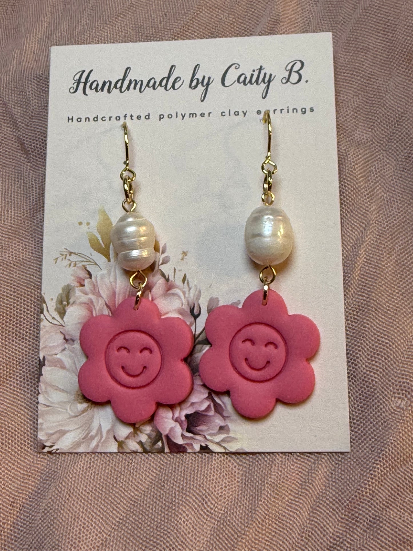 pink flower smiley face dangles with pearl charm