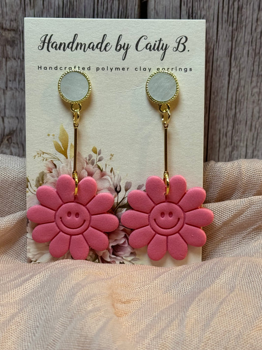 pink floral smiley face drop dangles with circle tops