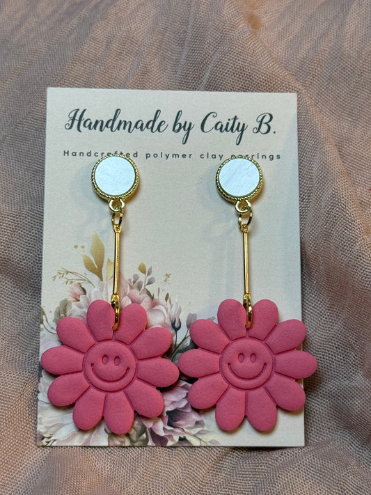 pink floral smiley face drop dangles with circle tops