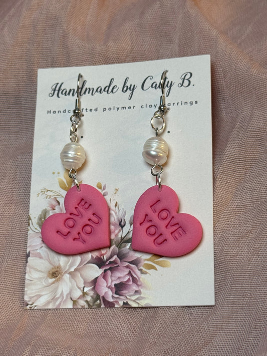 love you heart silver dangles with pearl charm