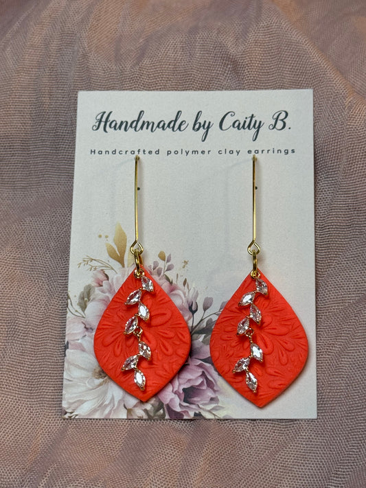 embossed floral drop dangles with rhinestone charm
