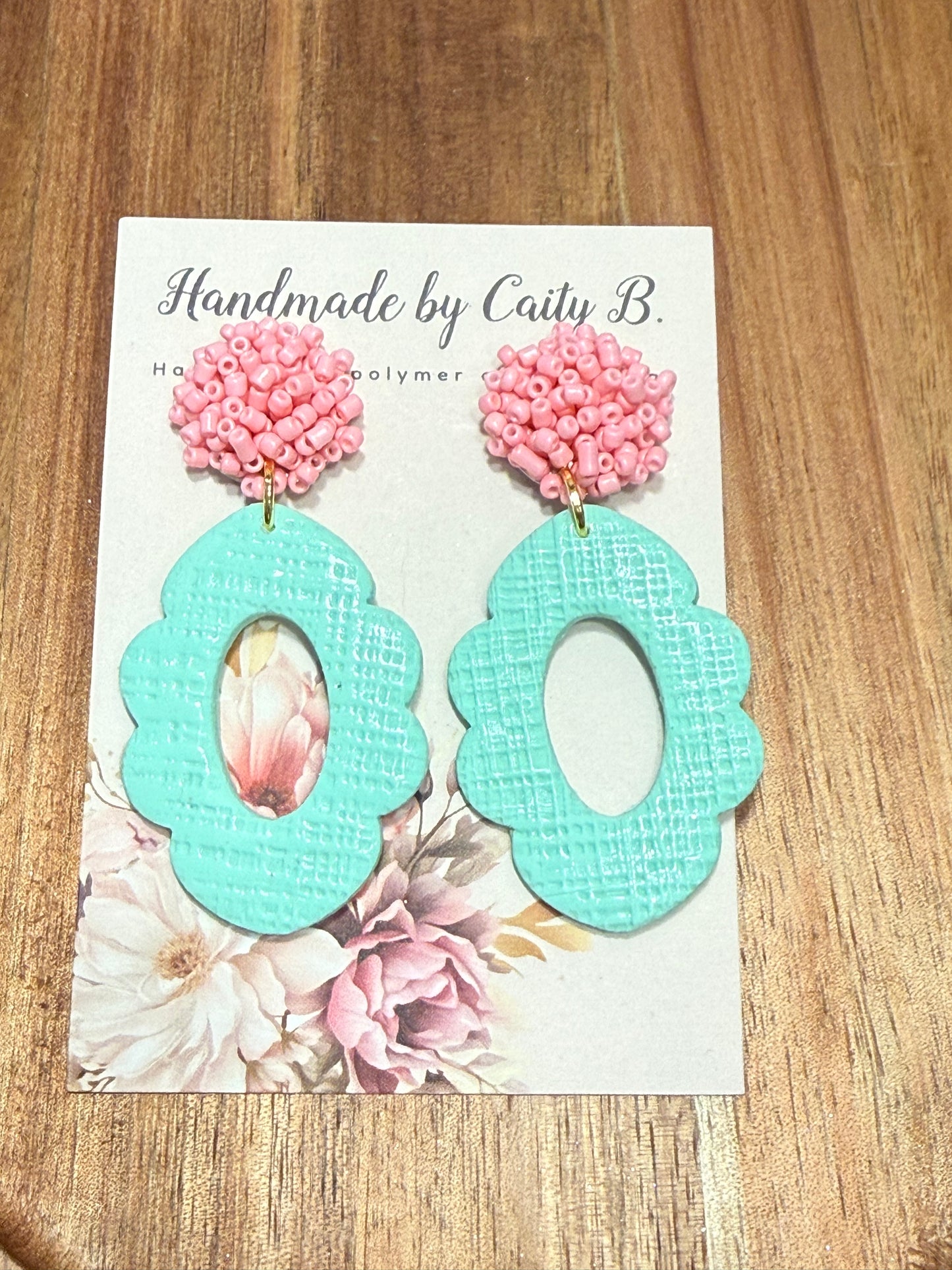 teal scallops with pink bead tops